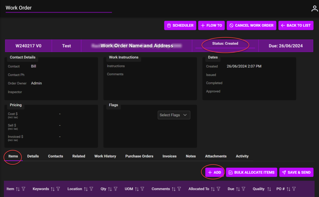 Work Orders | WEB | Add Items – SpyderTech